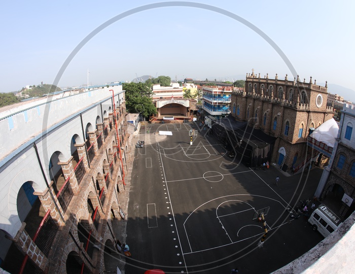 Aerial View Of a  Basketball Court In  a School Compound