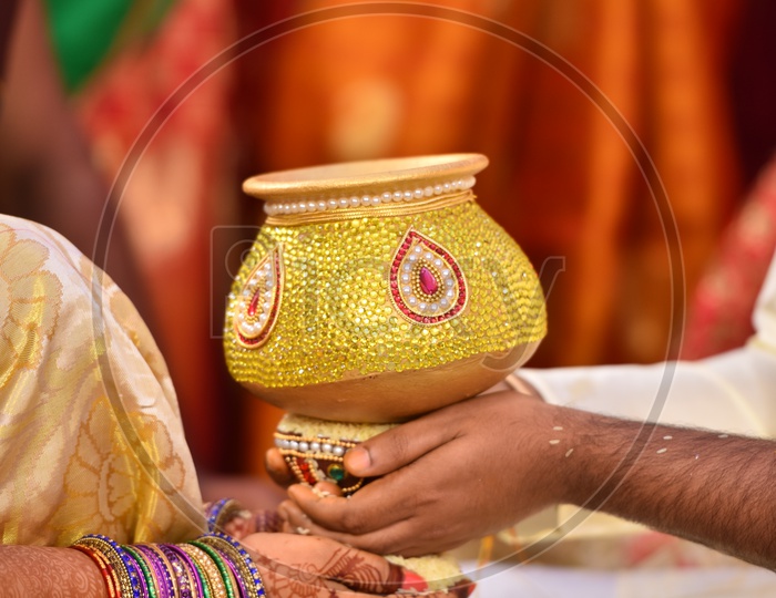 Rituals In Telugu Weddings Or Marriages  Hands Closeup Of bride And Bridegroom