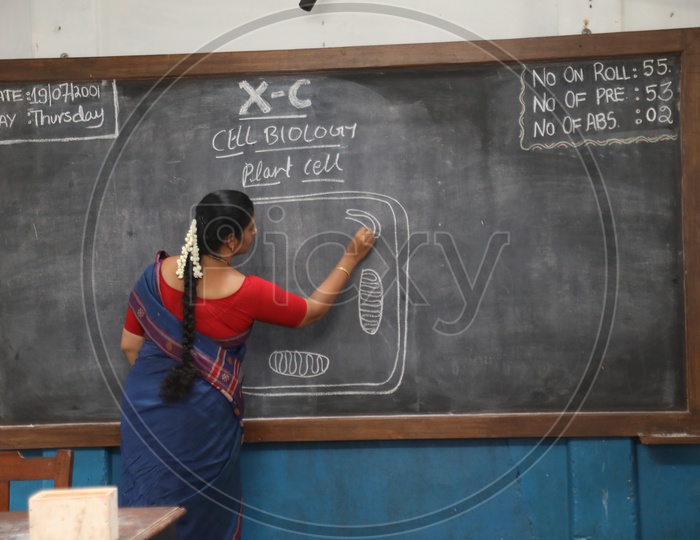 School teacher Writing On Blackboard In a Classroom