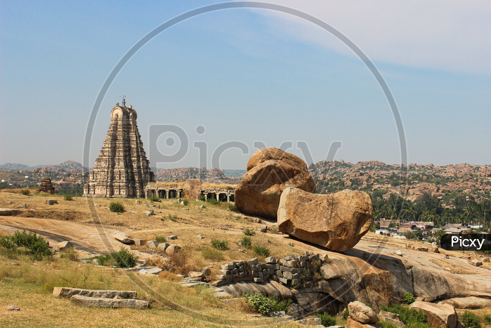 Virupaksha Temple in Hampi, Karnataka as seen from a hill