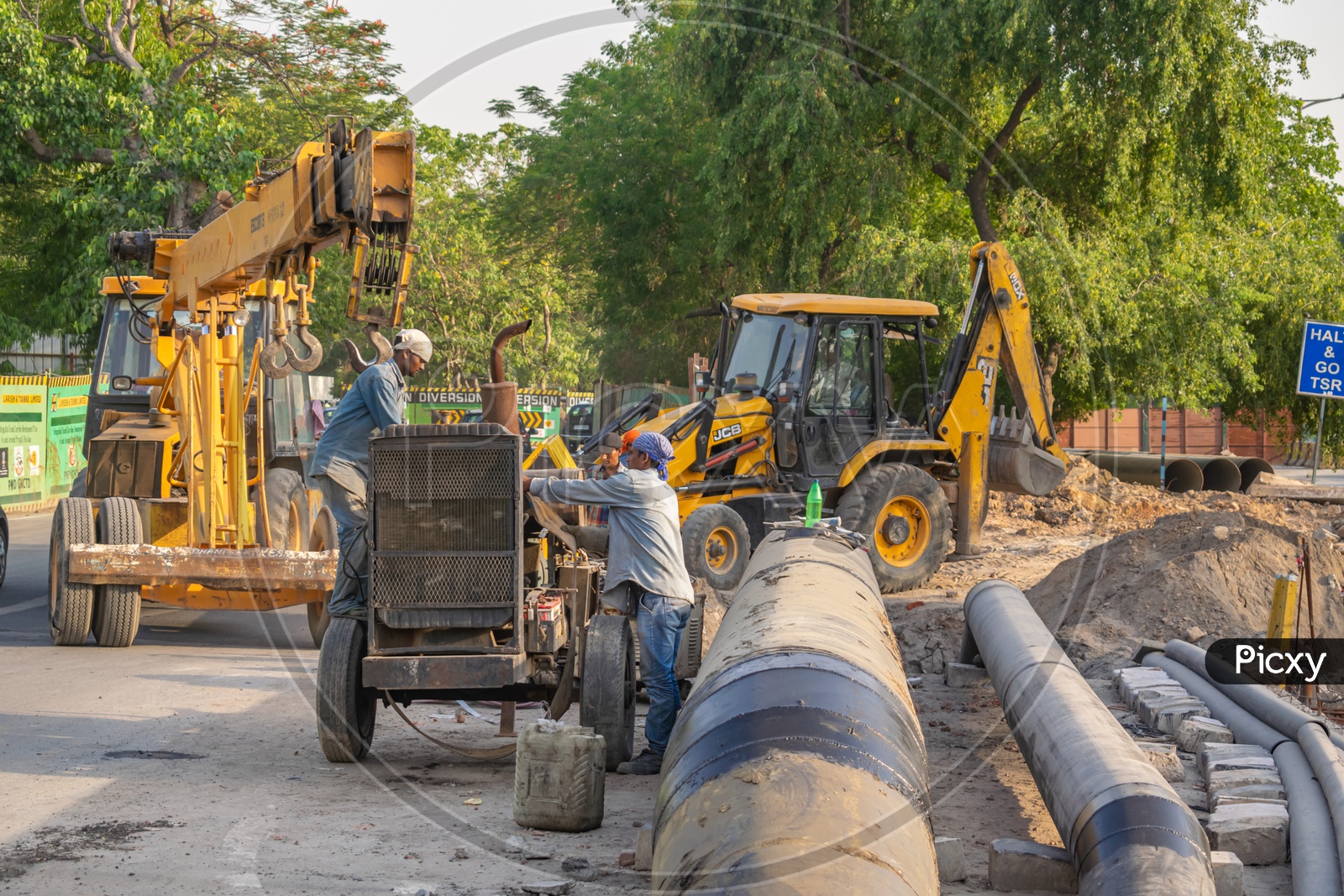 Crane Machine and JCB on a construction site near Pragati Maidan, Delhi