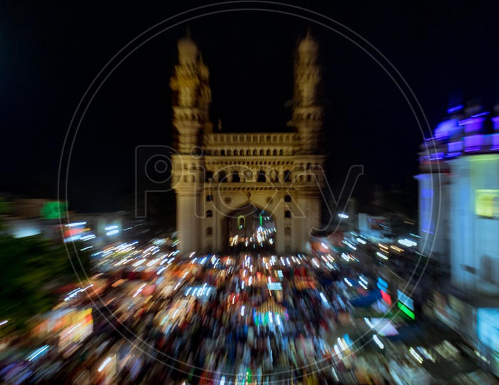 ramdan nights of charminar with street markets and colourfull night lights with motion blur