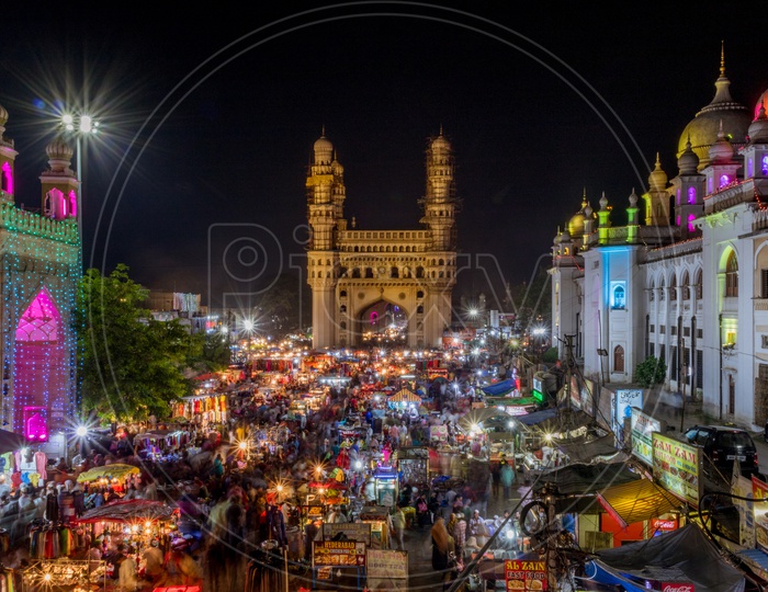 ramdan nights of charminar with street markets and colourfull night lights