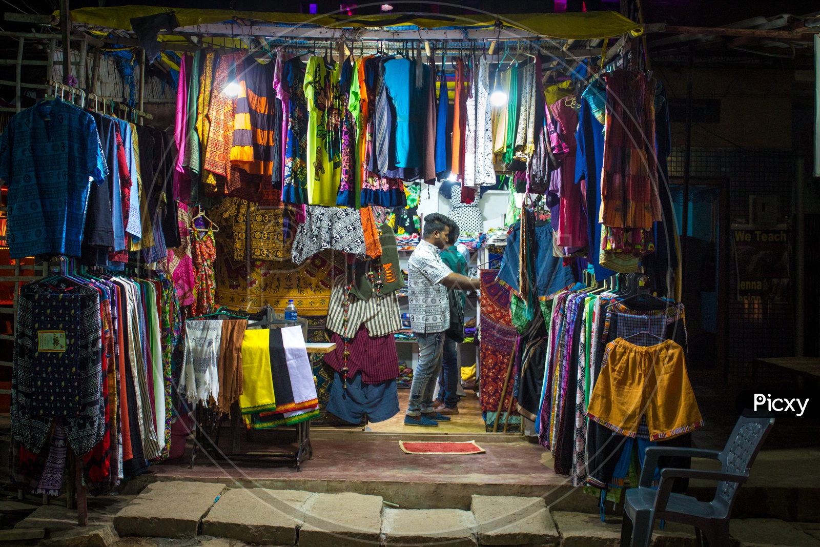 Clothes shop during the night at Hampi