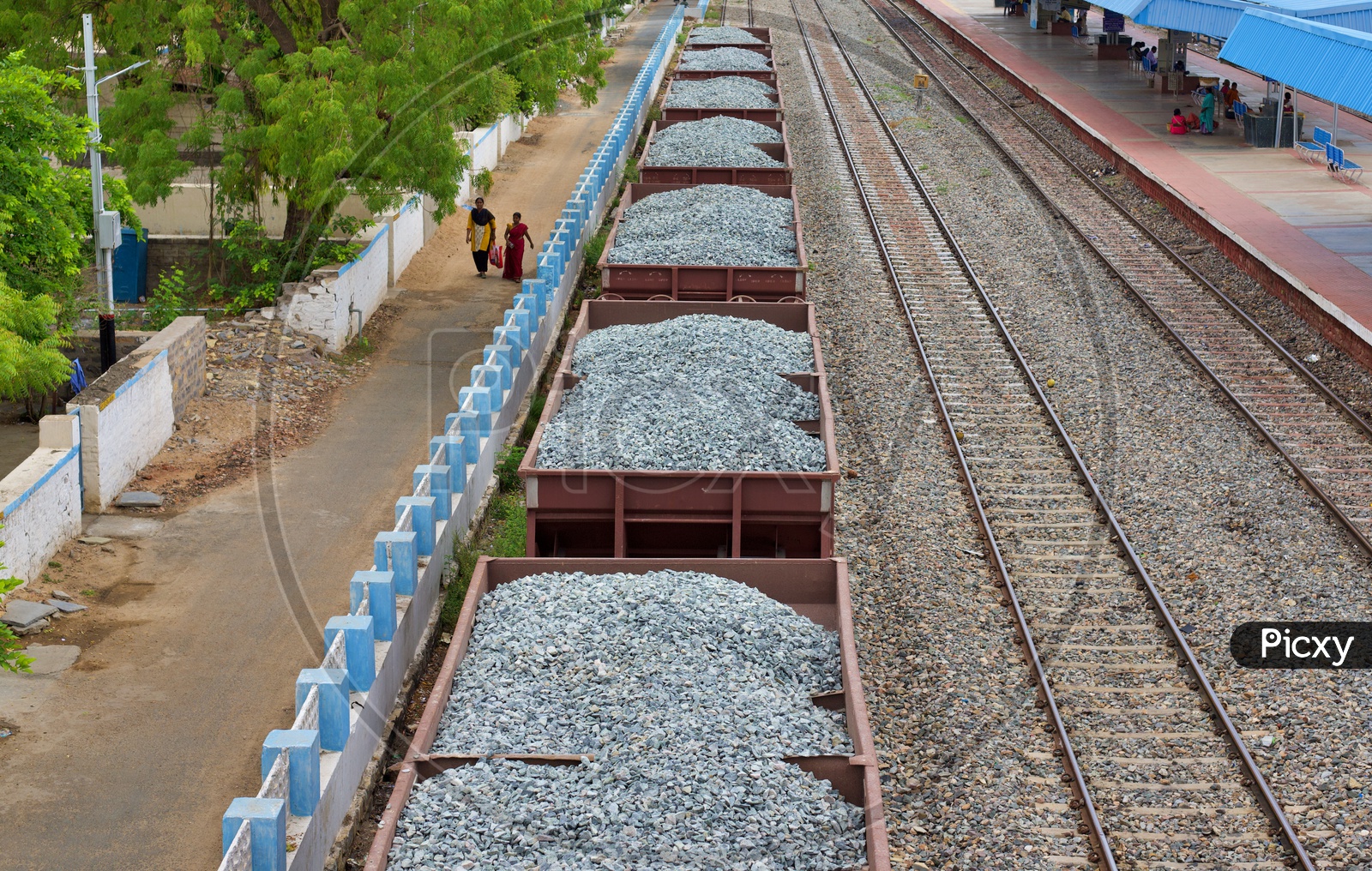 A goods train containing stones.