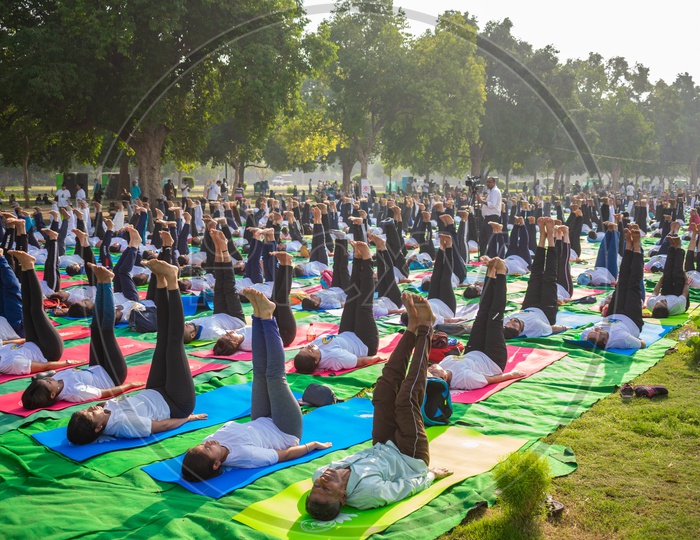 People doing Uttanpadasana yoga on the International Day of Yoga 2019 at Rajpath, Delhi