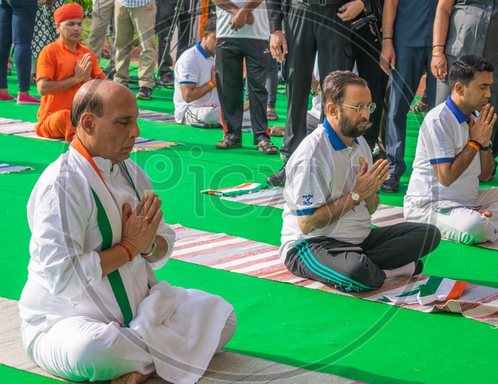 Rajnath Singh ( Defence Minister of India) and Prakash Keshav Javadekar (Minister of Environment, Forest and Climate Change and Minister of Information and Broadcasting) doing Yoga
