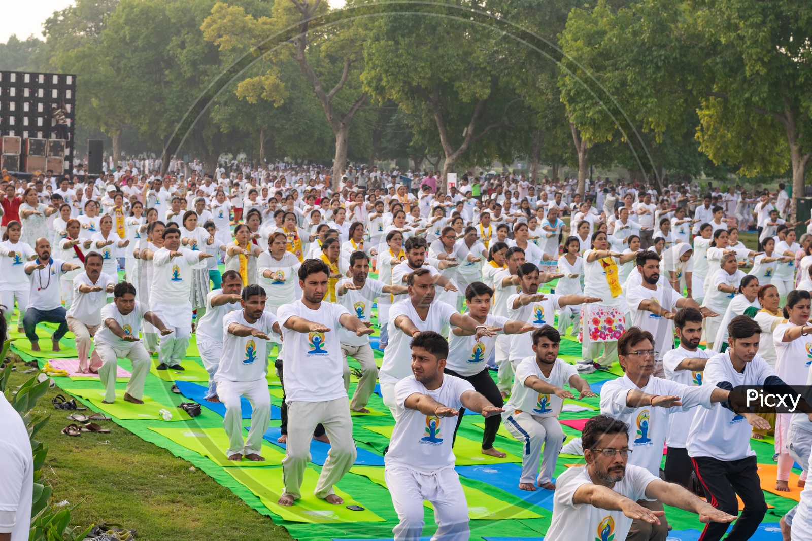 People doing Utkatasana on the fifth International Yoga Day 2019 at Rajpath, Delhi