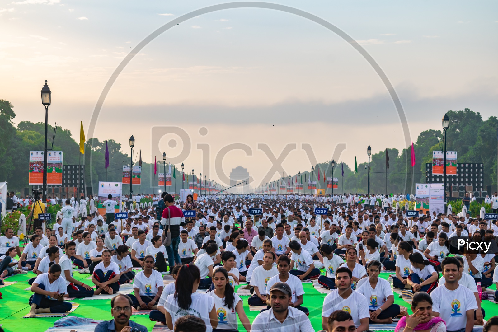 People doing Yoga on the fifth International Yoga Day 2019 at Rajpath, Delhi