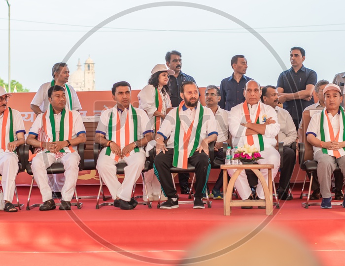 Rajnath Singh(Defence Minister of India) with other ministers on International Day of Yoga 2019 at Rajpath