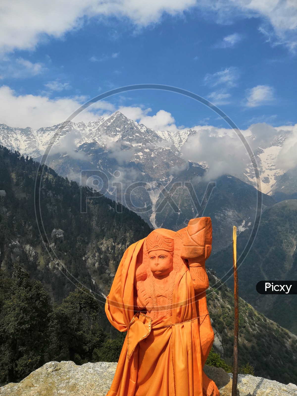 Lord Hanuman and Snow Capped Mountains
