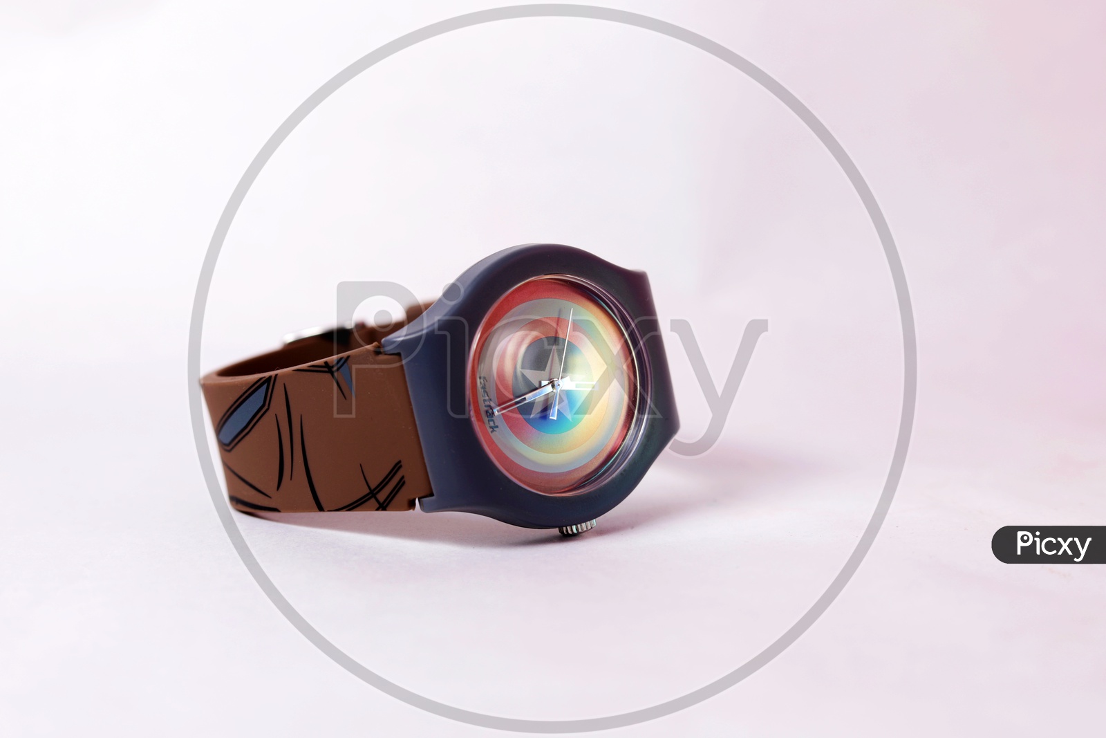 A fastrack watch with Captain America shield design.