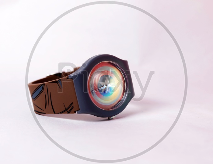 A fastrack watch with Captain America shield design.