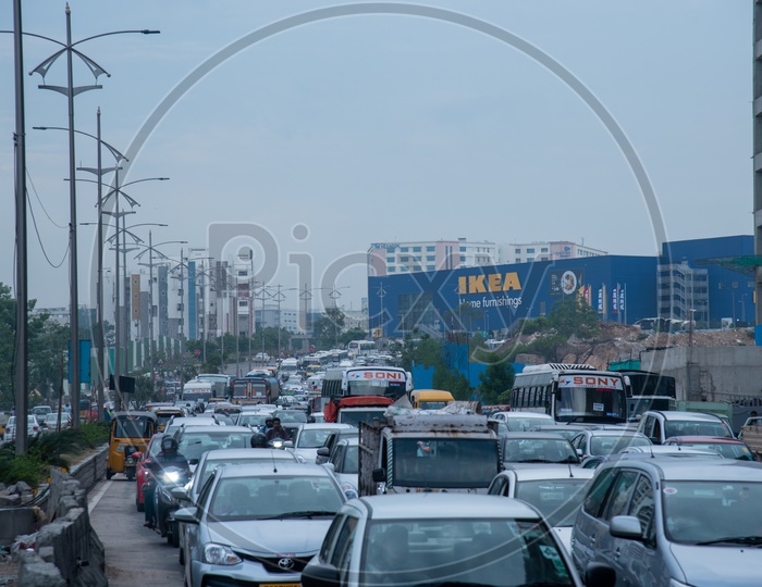 Traffic  Jam  At Urban City Roads due To Flyover Constructions