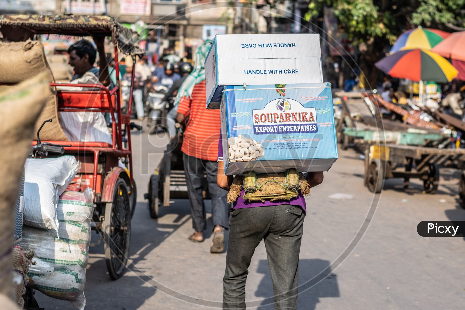 A man carrying bags of dry fruits on his back at Khari Baoli market, Delhi