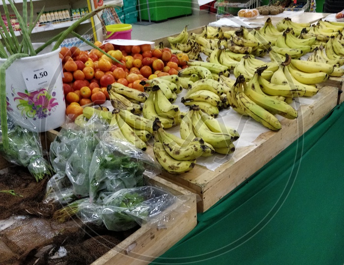 Bananas and fruits in a supermarket