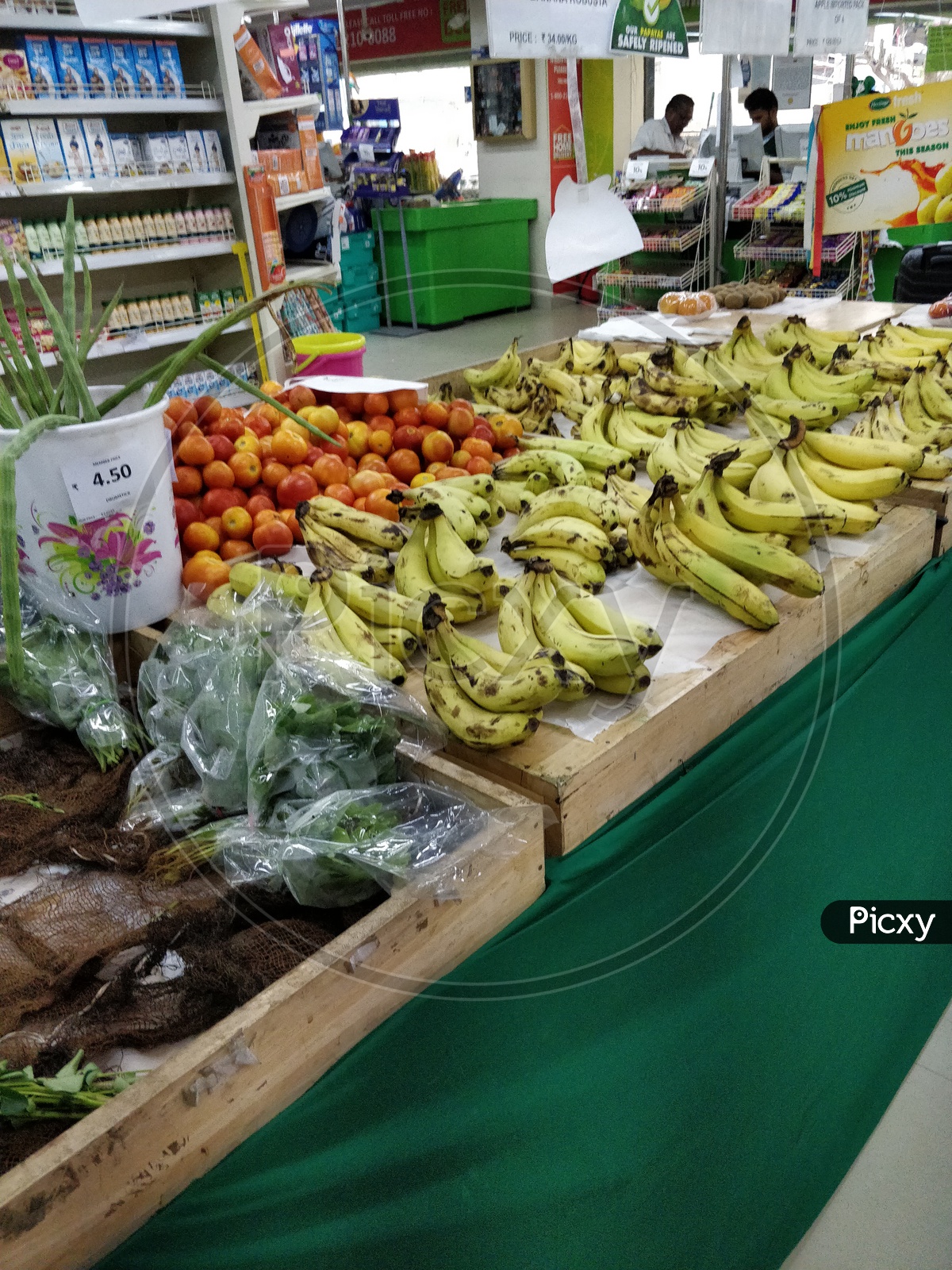 Bananas and fruits in a supermarket
