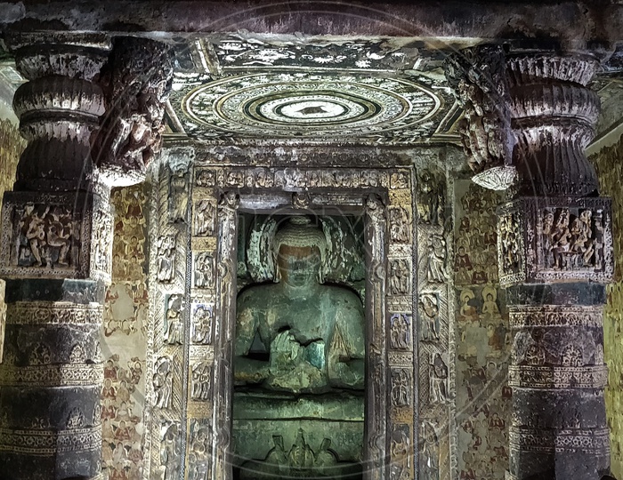 Ancient Stone Cravings of Buddha Temples at  Ajanta Caves    Or  Tourist Attraction Of  Ancient Caves At Ajanta in Deccan Plateau