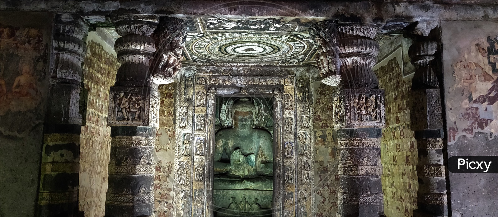 Ancient Stone Cravings With Architecture Of Buddha Temples   at Ajanta Caves    Or  Tourist Attraction Of  Ancient Caves At Ajanta in Deccan Plateau