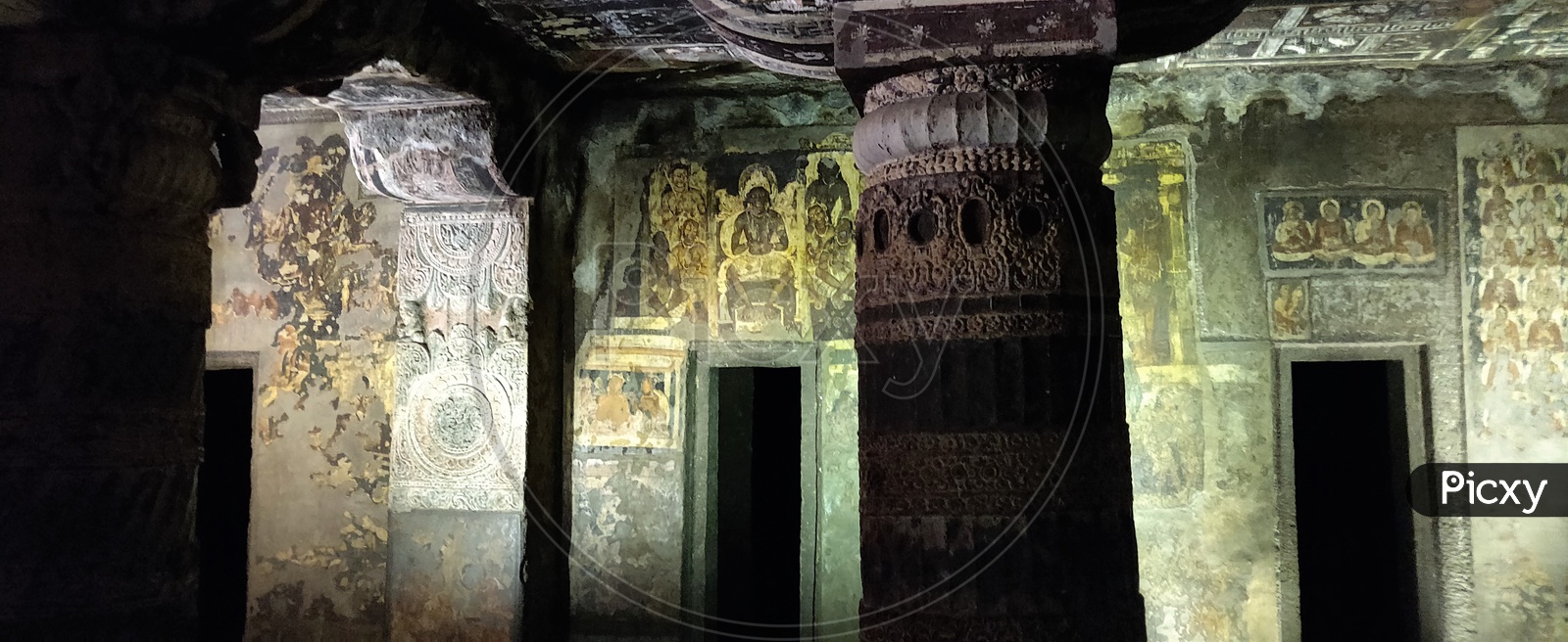 Ancient Stone Cravings of Pillars  Ajanta Caves    Or  Tourist Attraction Of  Ancient Caves At Ajanta in Deccan Plateau