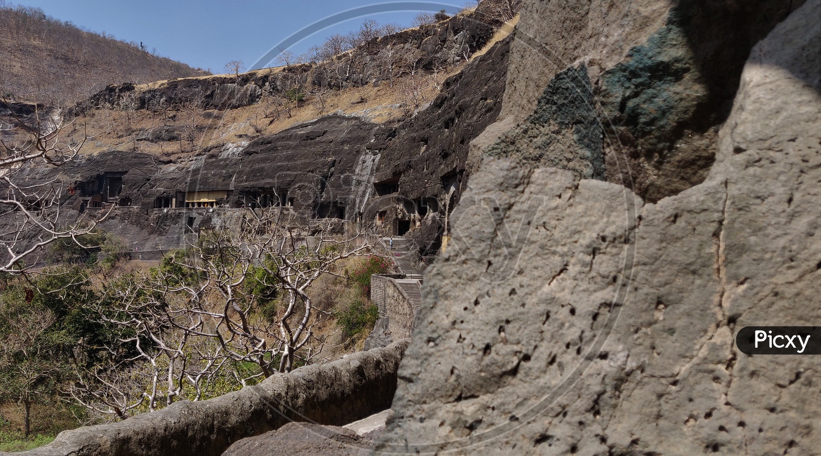Ancient Stone Cravings With Architecture   at Ajanta Caves    Or  Tourist Attraction Of  Ancient Caves At Ajanta in Deccan Plateau