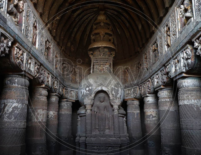 Ancient Stone Cravings of  Buddha Temples  at Ajanta Caves    Or  Tourist Attraction Of  Ancient Caves At Ajanta in Deccan Plateau