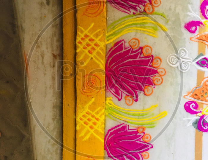 Colorful Rangoli Or Designs at Indian house Door Steps