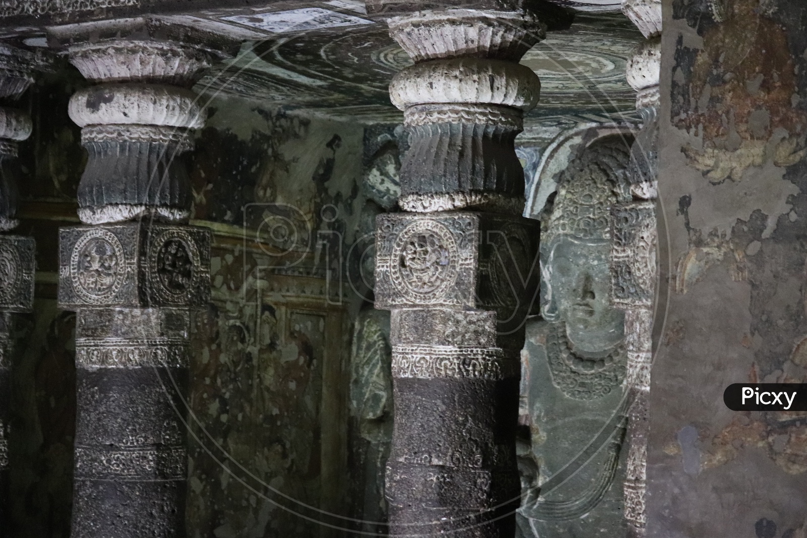 Architecture  With Stone Craved Pillars And Designs On them At Ajanta Caves