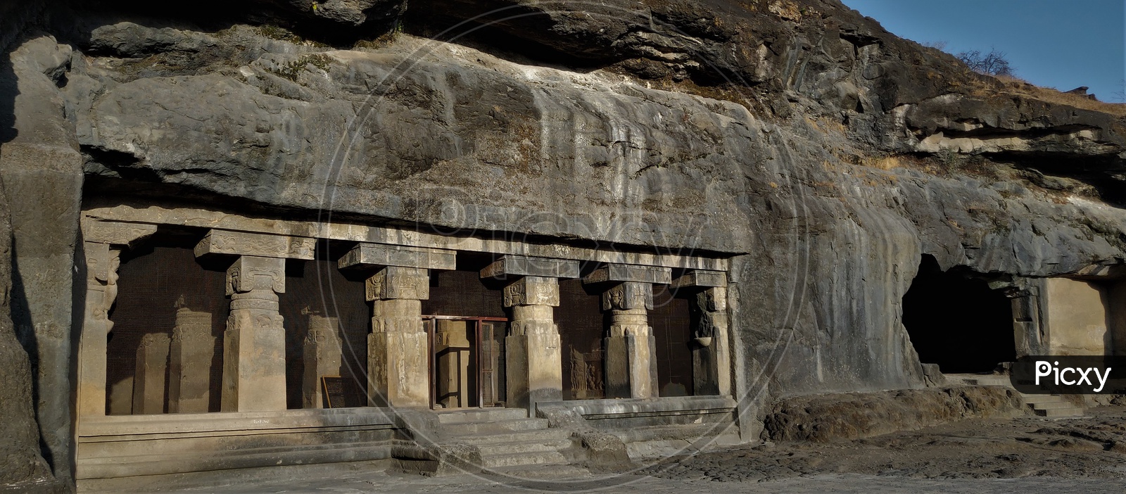 Facade View Of an Ancient Stone Carved  Buddhist Temple At Ellora Caves