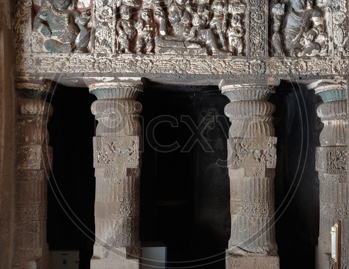 Ancient Stone Cravings With Architecture Of Pillars   at Ajanta Caves    Or  Tourist Attraction Of  Ancient Caves At Ajanta in Deccan Plateau