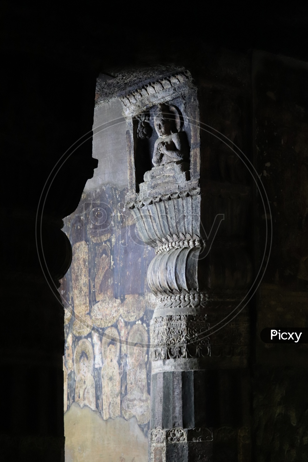 Architecture of  Pillars With Carvings In Ajanta Caves