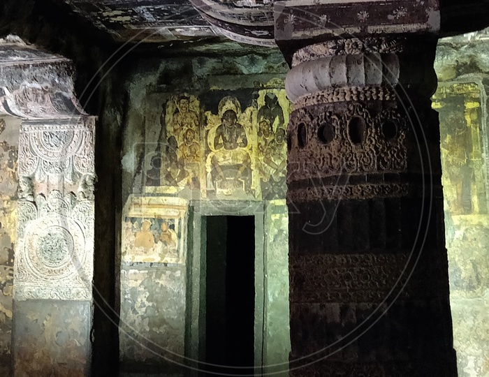Ancient Stone Cravings With Architecture Of Pillars   at Ajanta Caves    Or  Tourist Attraction Of  Ancient Caves At Ajanta in Deccan Plateau