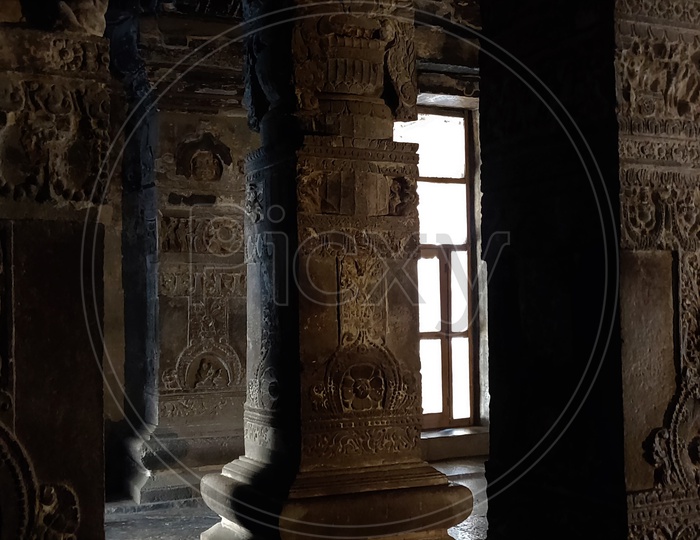 Architecture Of Ancient Kailash Temple  With Pillars And Stone Carved Sculptures  at Ellora Caves