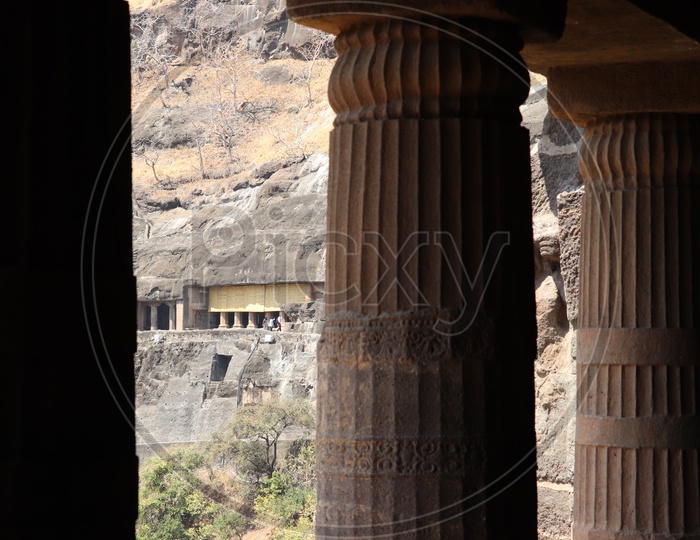 Architecture of  Ajanta Caves With Stone Carved Pillars