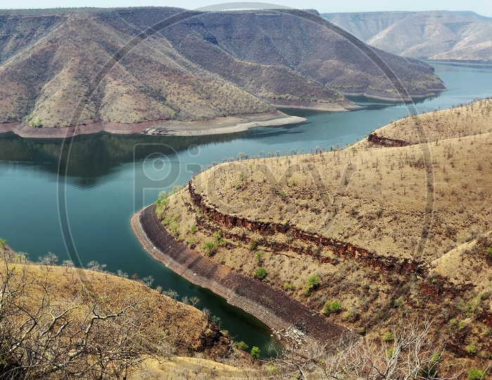 Krishna River Flowing Through The deep Gorges through Nallamala Hills  to Srisailam Dam or Reservoir