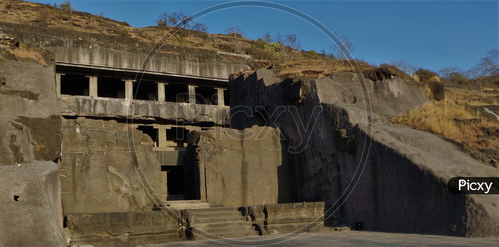 Facade View Of an Ancient Stone Carved  Buddhist Temple At Ellora Caves