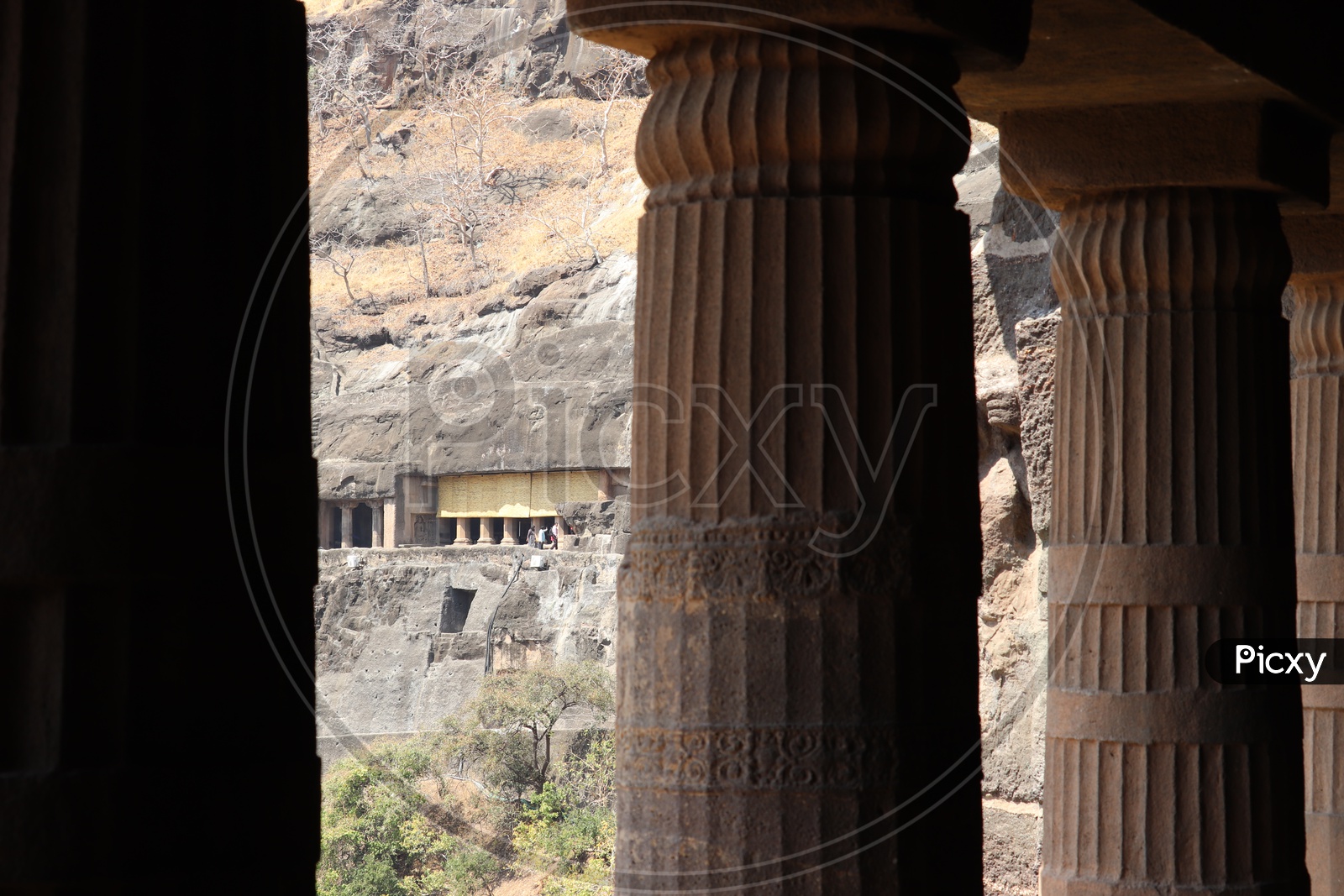 Architecture of  Ajanta Caves With Stone Carved Pillars