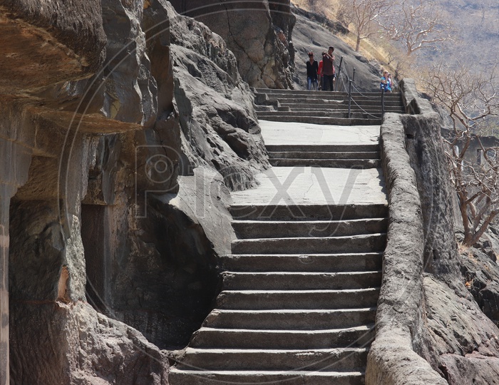 Architecture Of Stone Carved  Staircase Or Steps in Ajanta Caves