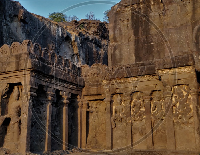 Facade of Ancient Ellora Rock Carved Buddhist Temple