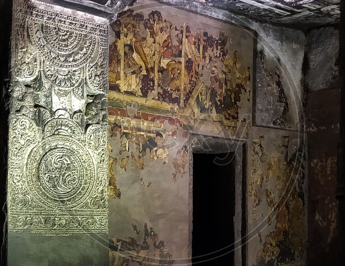 Image Of Ancient Stone Cravings With Architecture Of Pillars At Ajanta