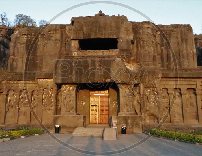Facade Of Ancient  Rock Carved Buddhist Temple  at Ellora  Caves