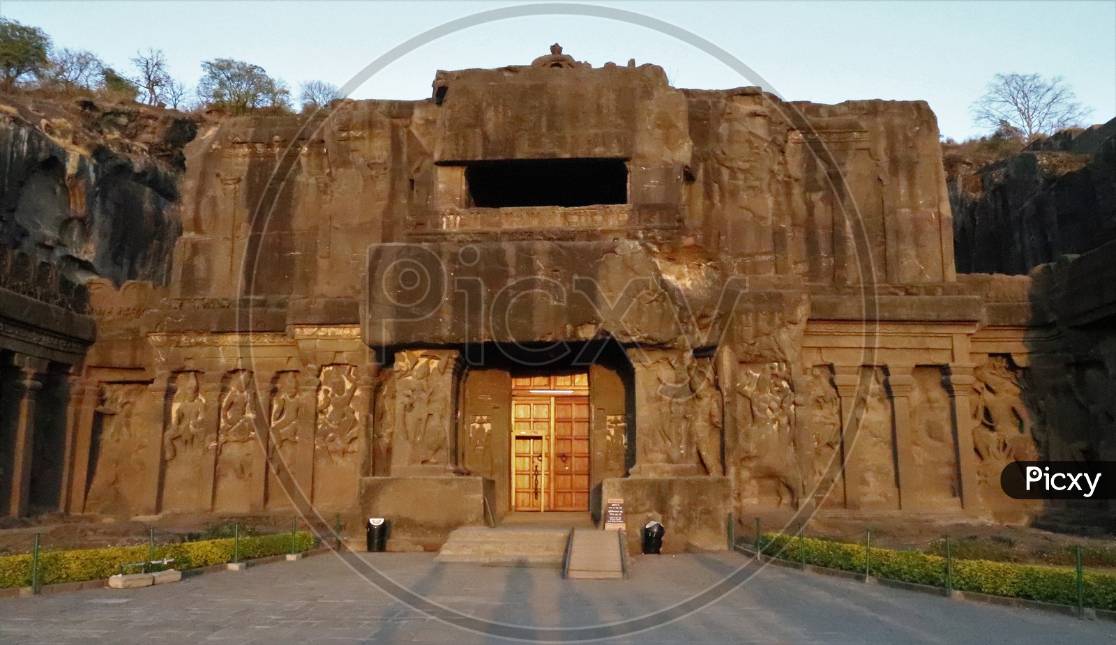 Facade Of Ancient  Rock Carved Buddhist Temple  at Ellora  Caves
