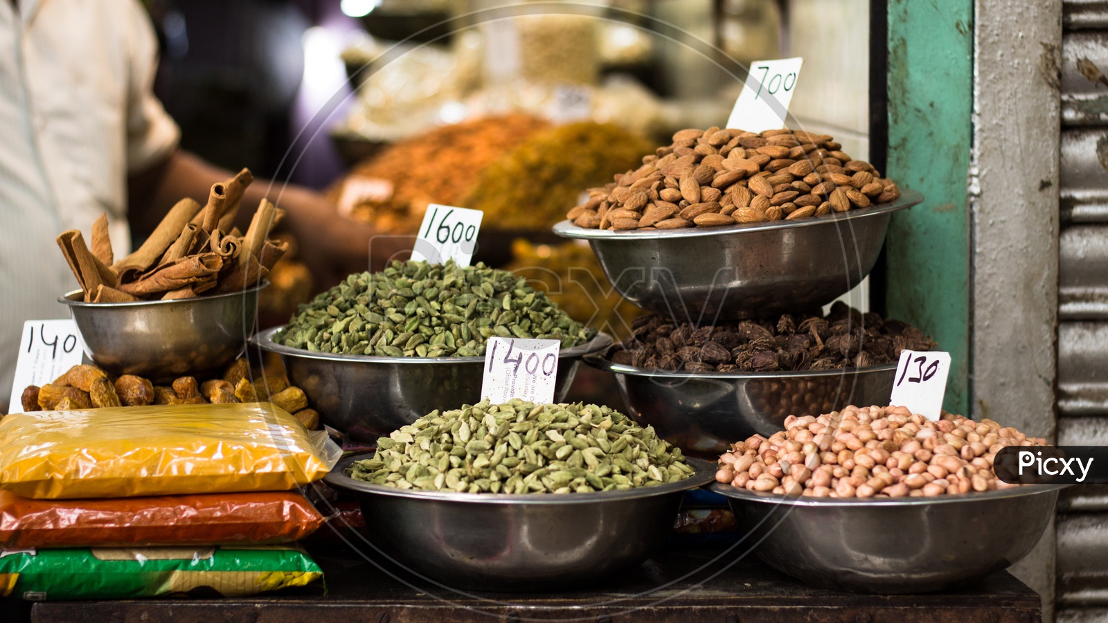 Spices and dry fruits sold at Khari Baoli spice market in Delhi