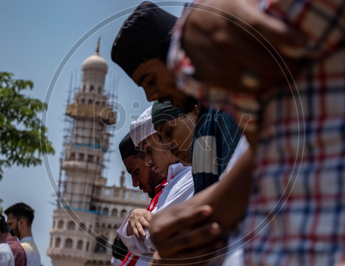 Muslims  Offering Prayer Or Namaz As a Group  At Mecca Masjid  Or Mosque  Near Charminar During The Alvida Jumma  , The Last Friday Prayer In Ramzan or Ramadan Season