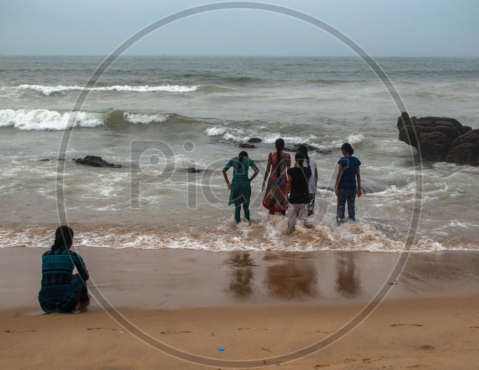 Group of girls enjoying the beach view at Rama Krishna beach (R.K.Beach), Vishakapatnam/Vizag.