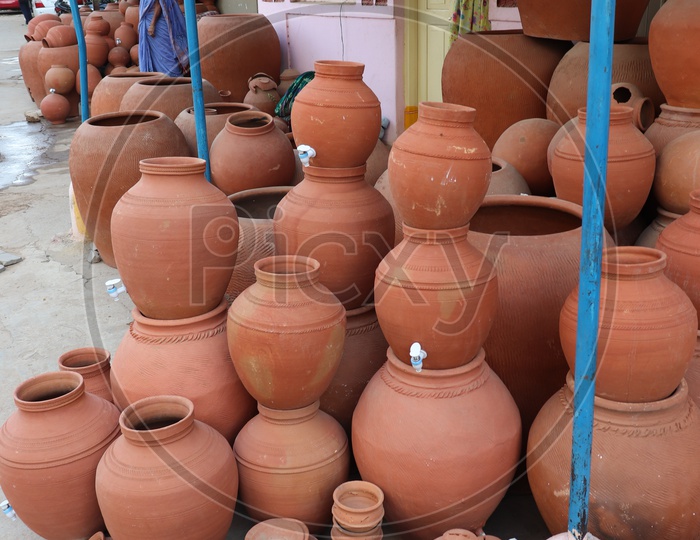 Pots Or Clay Pots on Road Side Vendor Stall