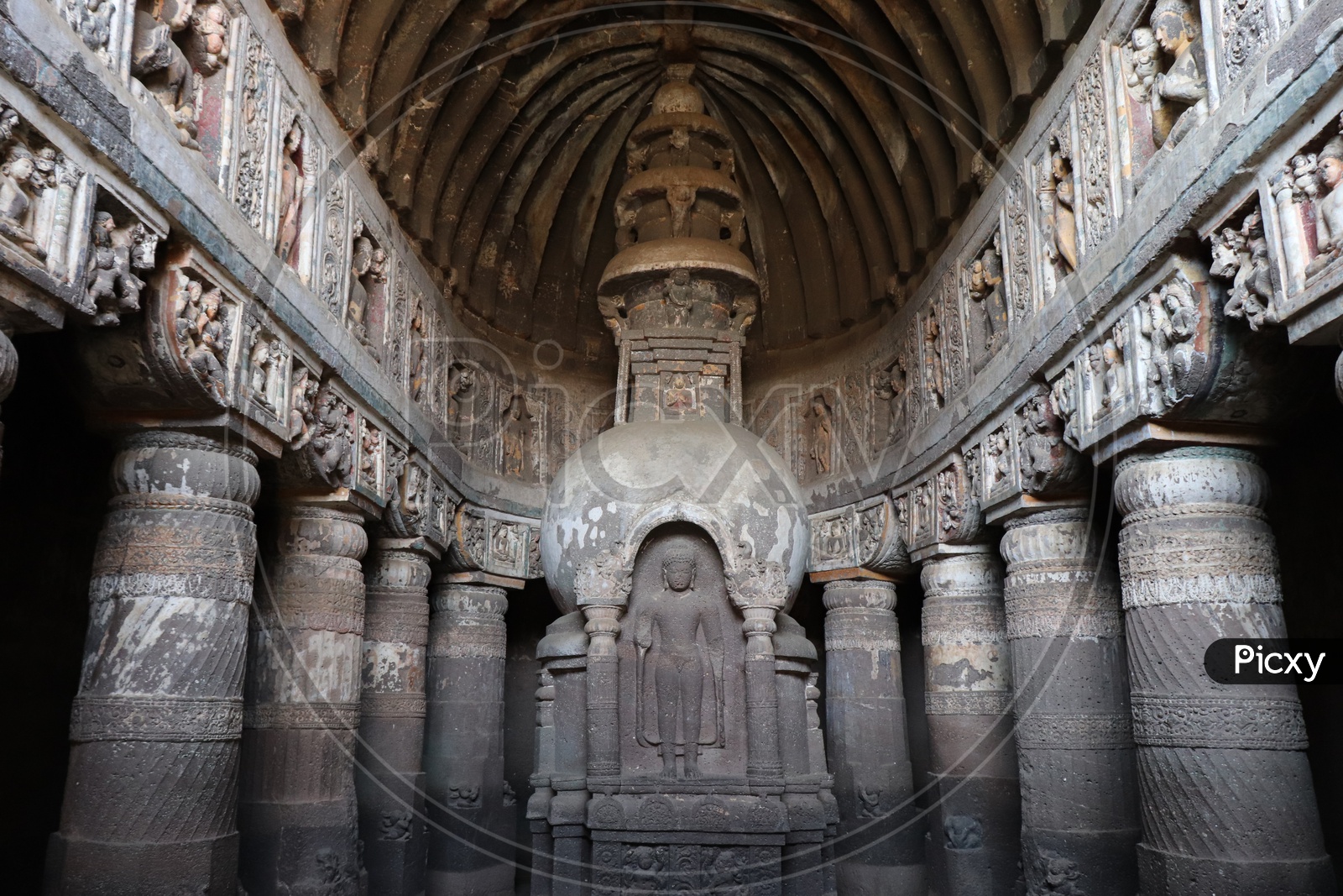 Stone Sculptures of Buddha Statues in Ajanta Caves