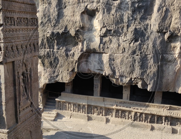 Architecture Of  Ajanta Caves With Stone Carves Pillars And Designs On Them