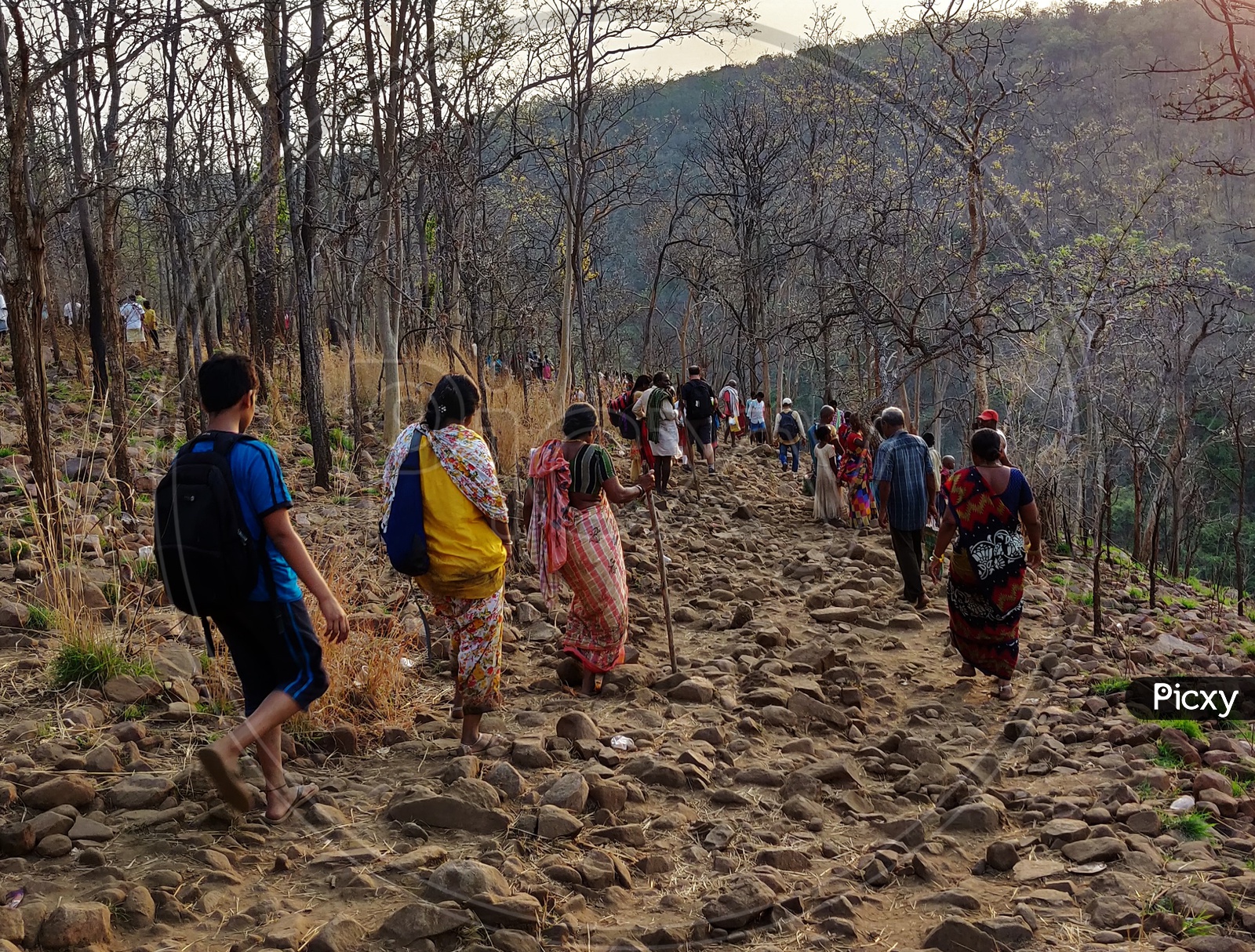 Devotees trekking The Hills For The Darshan of God In Hills or Forests Of Saleswaram