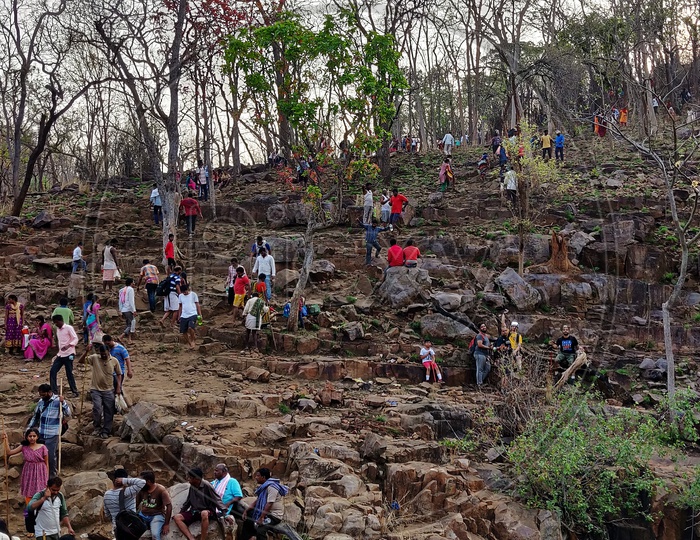 Devotees trekking The Hills For The Darshan of God In Hills or Forests Of Saleswaram